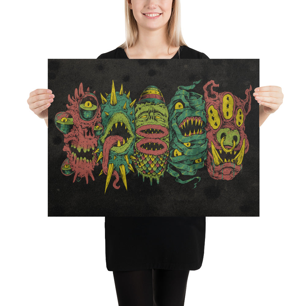 5 More Monster Heads in a Row Print