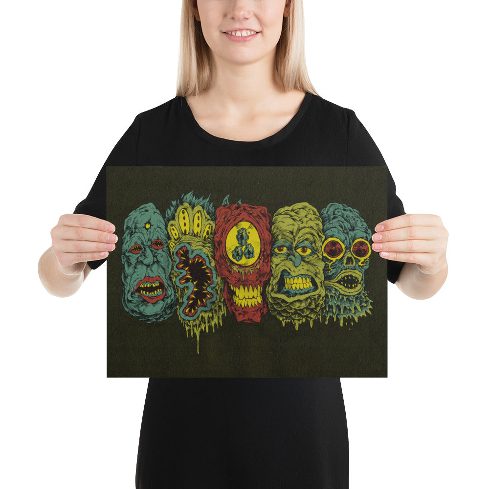 5 Monster Heads In a Row Print