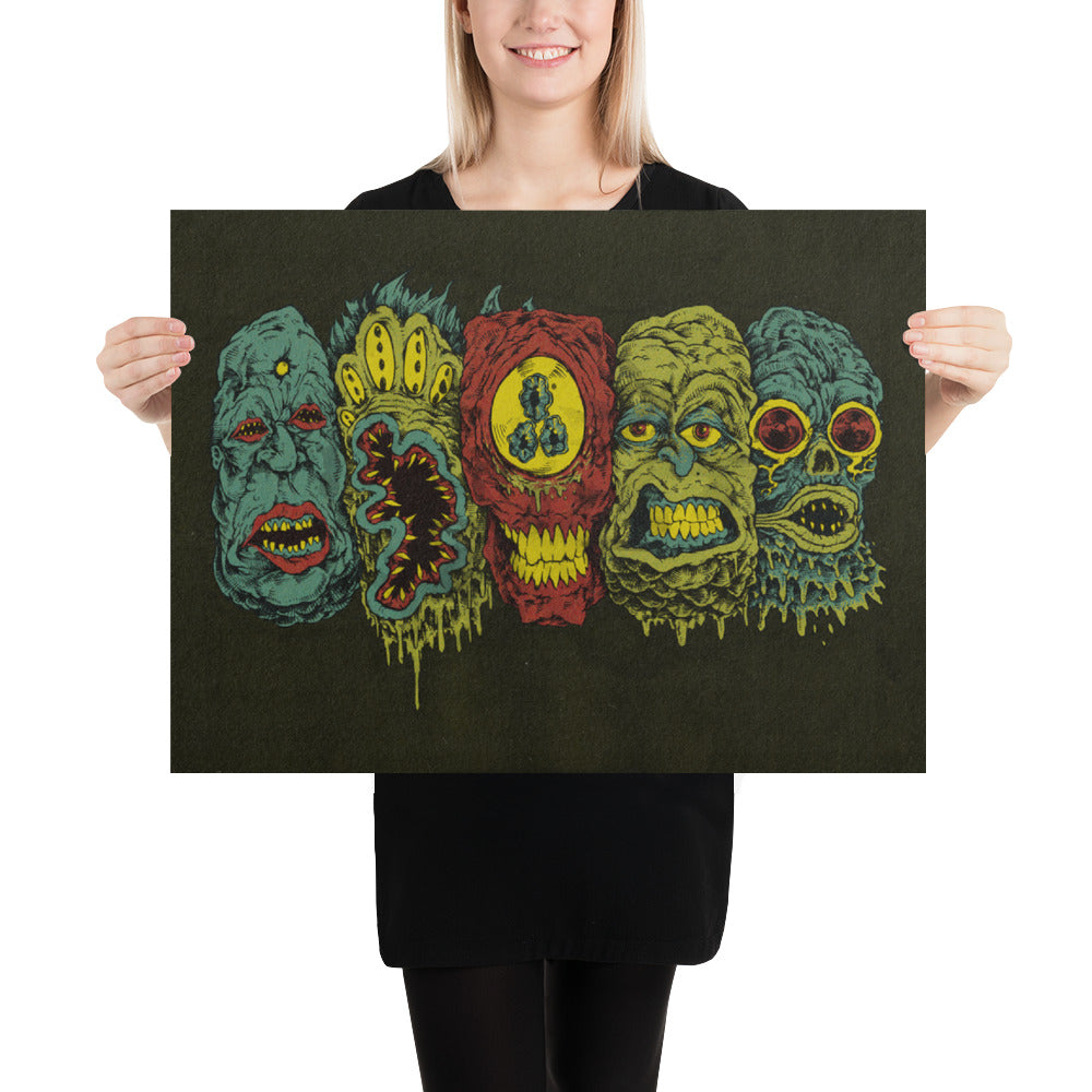 5 Monster Heads In a Row Print