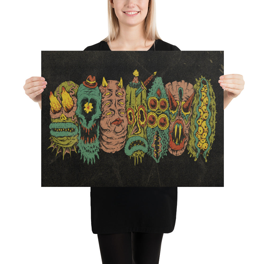 7 Monster Heads in a Row Print