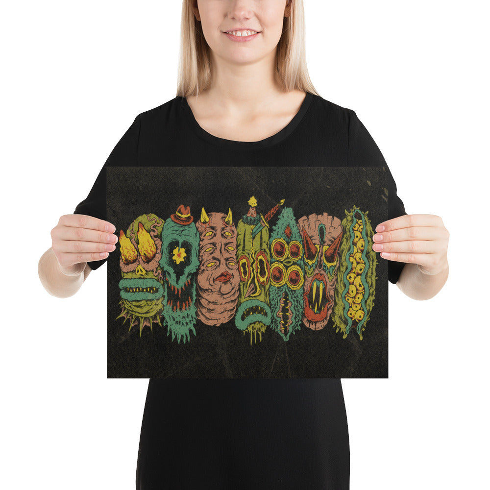 7 Monster Heads in a Row Print