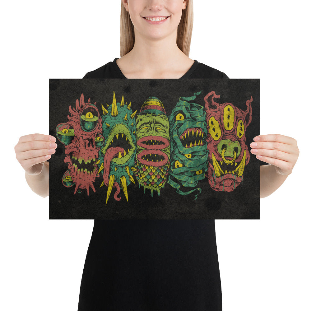 5 More Monster Heads in a Row Print