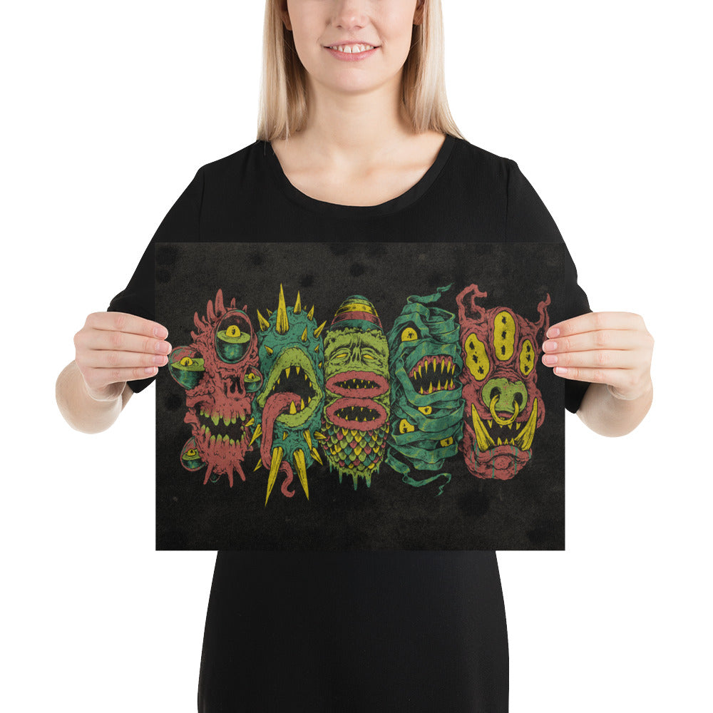 5 More Monster Heads in a Row Print