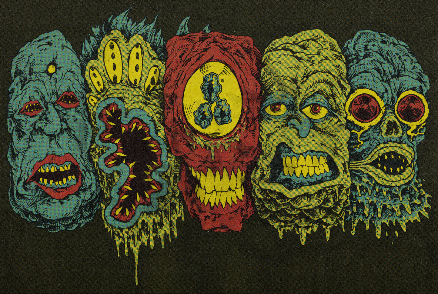 5 Monster Heads In a Row Print