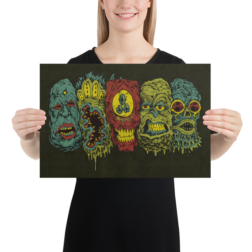 5 Monster Heads In a Row Print
