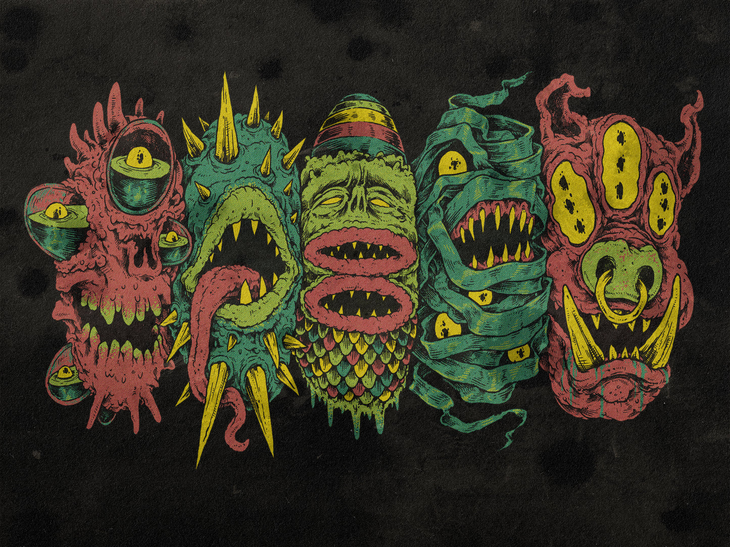 5 More Monster Heads in a Row Print