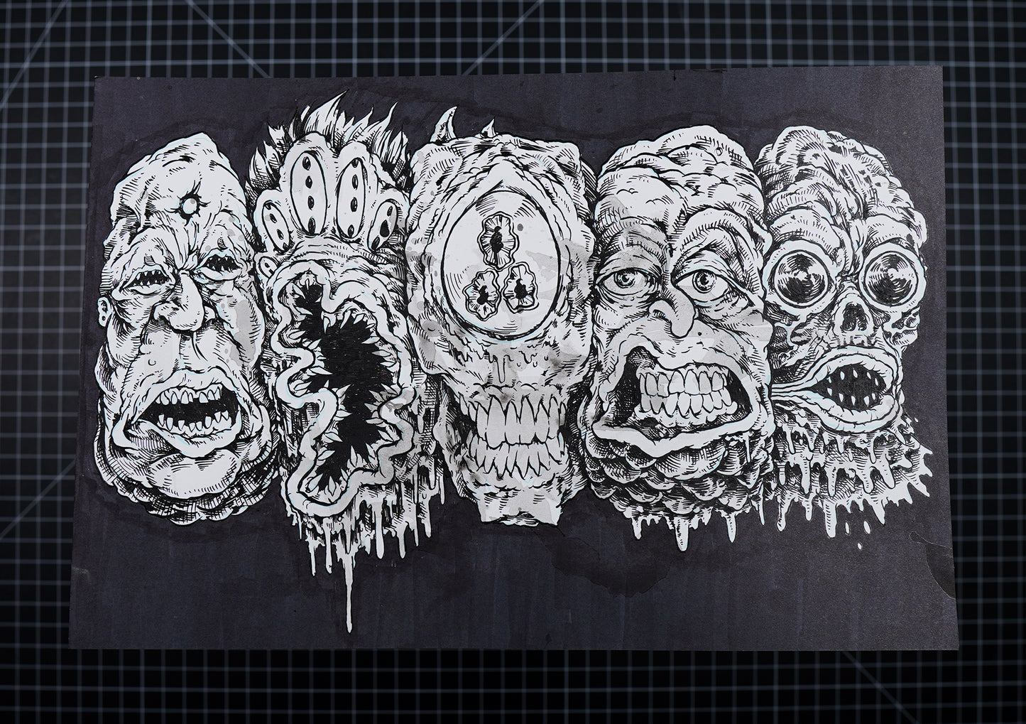 Original 5 Monster Heads in a Row Drawing