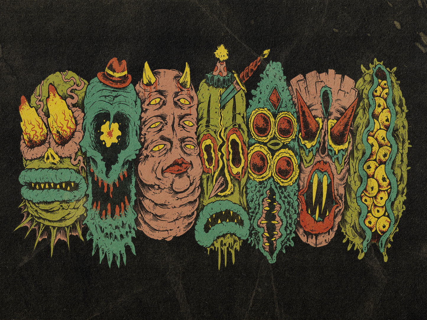 7 Monster Heads in a Row Print